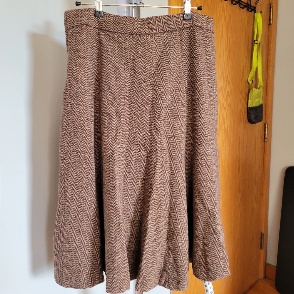 H&M Brown Herringbone Wool Midi Flare Skirt
